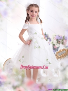 Affordable Spaghetti Straps White 2015 Little Girl Pageant Dress with Hand Made Flowers