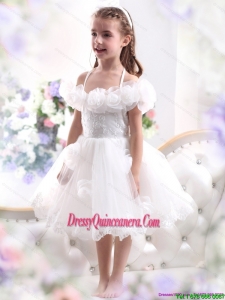 Affordable White Halter Top Little Girl Pageant Dresses with Hand Made Flower