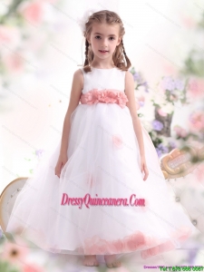 Affordable White Little Girl Pageant Dresses with Pink Waistband and Hand Made Flower
