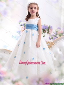 Affordable White Scoop Little Girl Pageant Dress with Baby Blue Waistband and Appliques