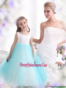 Affordable White and Baby Blue Scoop Little Girl Pageant Dress for 2015