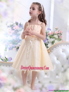 Champagne Spaghetti Straps Affordable Little Girl Pageant Dresses with Waistband and Hand Made Flower