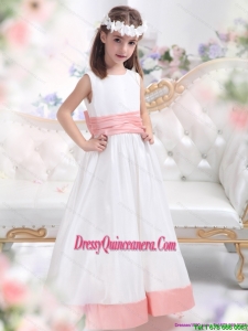 White Scoop 2015 Affordable Little Girl Pageant Dress with Pink Waistband