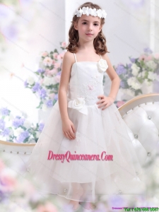 White Spaghetti Straps Affordable Little Girl Pageant Dresses with Hand Made Flower and Appliques