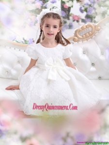 Affordable Lace 2015 White Little Girl Pageant Dress with Short Sleeves and Bownot
