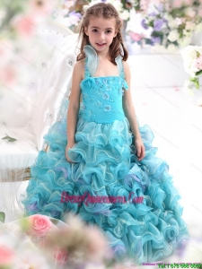 Affordable Straps Appliques and Ruffled Layers Pageant Dresses for Kids in Aque Blue