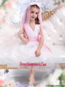 Affordable White Little Girl Pageant Dress with Baby Pink Waistband and Hand Made Flower