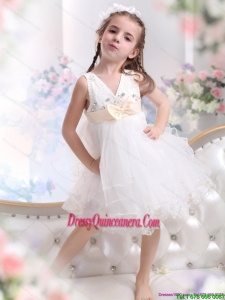 Beading Ruffled 2015 Affordable White Little Girl Pageant Dress with Bownot
