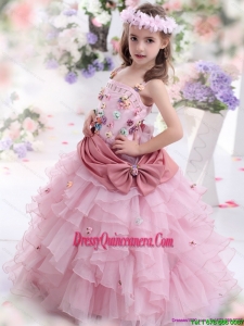Rose Pink Affordable Little Girl Pageant Dress with Hand Made Flowers and Ruffled Layers