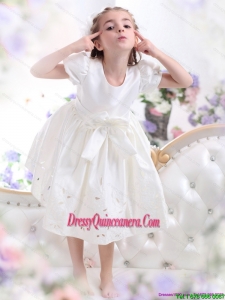 White Scoop 2015 Affordable Little Girl Pageant Dress with Bownot and Cap Sleeves