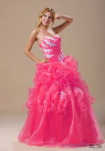 Hot Pink Sweet 15 Dresses with Appliques and Hand Made Flowers in Organza