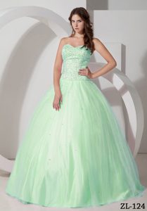 Sweetheart Taffeta and Tulle Quinceanera Gown with Beading in Apple Green