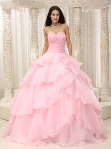 Fitted Baby Pink Sweet 15 Dress with Hand Made Flowers and Ruched Bodice