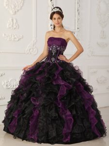 Purple and Black Strapless Taffeta and Organza Beaded Quinceaneras Dress