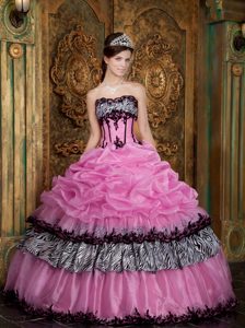 Rose Pink Taffeta Quinceanera Gown Dresses with Appliques and Picks-ups