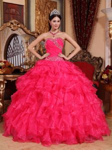 Custom Made Coral Red Organza Quinceanera Gowns with Beading and Pleat