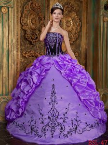 Fitted Purple Strapless Embroidery Taffeta Quinceanera Dress with Pick-ups