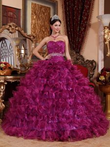 Sweetheart Organza Dresses for Quince with Beading and Ruffles in Purple