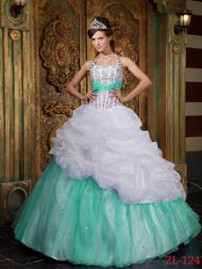 White and Apple Green Halter Quinceanera Dresses with Pick-ups and Sequins