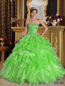 Spring Green Sweetheart Organza Dress for Quince with Ruffles and Beading