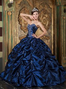 Navy Blue Sweetheart Taffeta Sweet 16 Dresses with Picks-up and Appliques