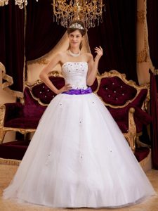 Pretty White Strapless Satin Beaded Quince Dresses with Appliques and Sash