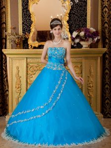 Teal Strapless Tulle Quinceanera Dresses with Appliques and Handle Flowers