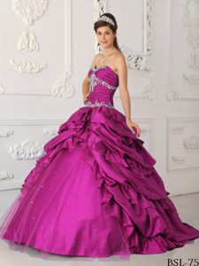 Fuchsia Quinceanera Dress in Taffeta and Tulle with Beading and Appliques
