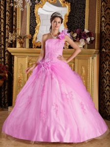 Pink One Shoulder Tulle Sweet Sixteen Quinceanera Dresses with Appliques