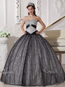 Black Sweetheart Sequined and Tulle Appliqued Quinceanera Gown Dresses