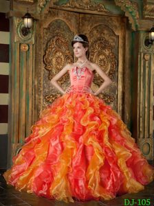 Hot Orange Red Strapless Ruffled and Beaded Quinceanera Gown in Organza