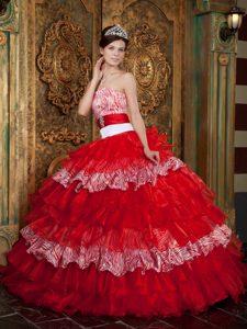 Red Strapless Floor-length Ruffled Quinceanera Dresses in Organza and Zebra