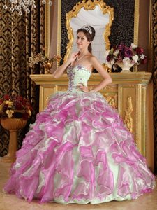 Fuchsia and Apple Green Sweetheart Organza Quinces Dress with Appliques