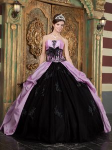Lavender and Black Lovely Strapless Quinces Dresses with Appliques