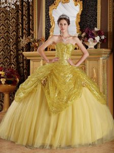 Gold Sequined Low Price Sweet 16 Dresses with Sweetheart and Flowers