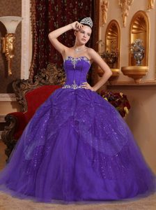 Eggplant Purple Ball Gown Affordable Appliqued Tulle Sweet 15 Dress