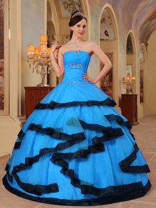 Aqua Blue Strapless inexpensive Organza Quince Dress with Appliques