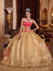 Wholesale Price Strapless Organza Sweet 16 Dress in Gold and Hot Pink