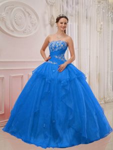 Strapless Discount Taffeta and Organza Dress for Quinceanera in Blue