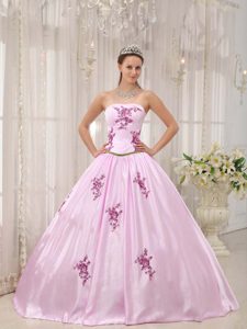 Pink Ball Gown Strapless Dress for Quince with Appliques on Promotion
