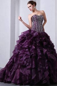 Sweetheart Brush Train Lovely Quince Dresses with Beading and Ruffles