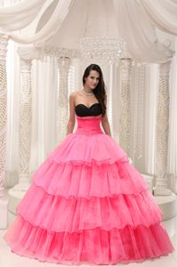 Sweetheart Beaded Quince Dress in Watermelon and Black on Promotion