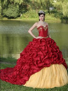 Wine Red Beaded Brush Train Exquisite Quince Dresses with Appliques