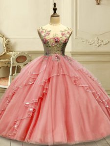 Watermelon Red Sleeveless Floor Length Appliques Lace Up Quince Ball Gowns