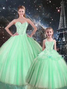 Apple Green Ball Gowns Beading Vestidos de Quinceanera Lace Up Tulle Sleeveless Floor Length