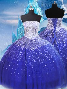 Spectacular Floor Length Ball Gowns Sleeveless Blue Vestidos de Quinceanera Lace Up