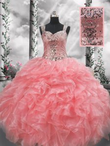 Discount Floor Length Zipper Quinceanera Dress Watermelon Red for Military Ball and Sweet 16 and Quinceanera with Beading and Ruffles