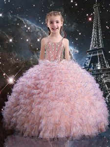 Trendy Organza Straps Short Sleeves Lace Up Beading and Ruffles Girls Pageant Dresses in Pink