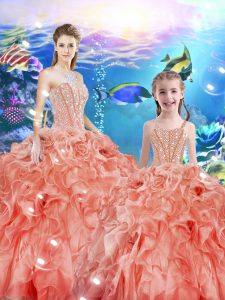 Flare Floor Length Watermelon Red Sweet 16 Quinceanera Dress Sweetheart Sleeveless Lace Up