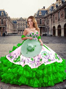Dazzling Green Sleeveless Floor Length Embroidery and Ruffled Layers Lace Up Quinceanera Dresses